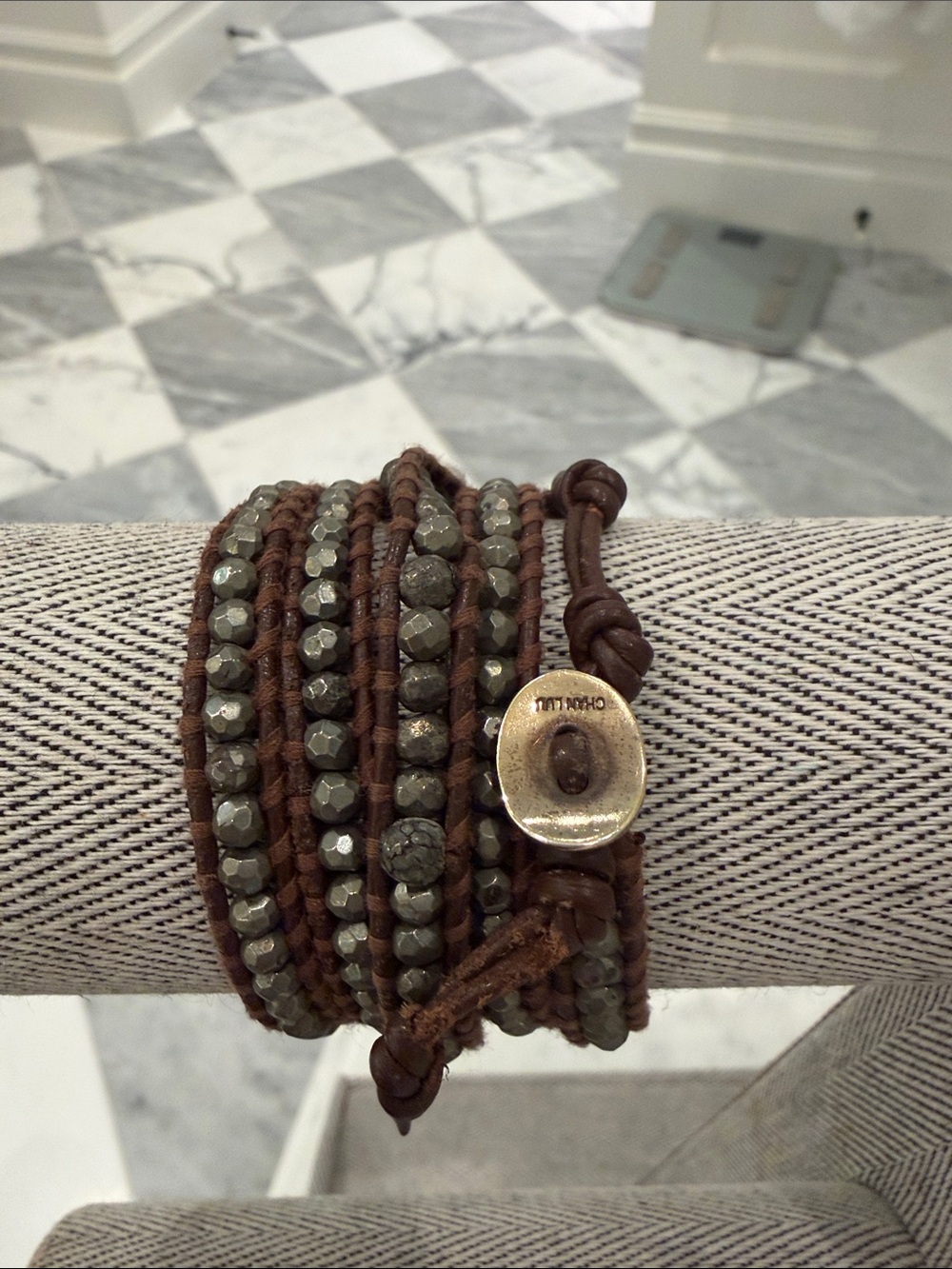 Chan Luu Brown Leather Wrap Bracelet with Faceted Gray Beads